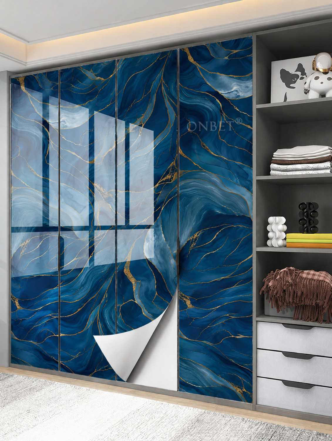 Image of Onbet 200 cm Self Adhesive Blue Glossy Marble Foil Waterproof Sticker For Kitchen And Home Self Adhesive Sticker