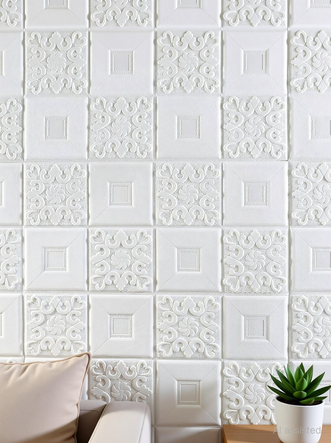 Image of Onbet 70 cm 3D Decorative Foam White With Wallpaper (70X70 CM) Self Adhesive Sticker
