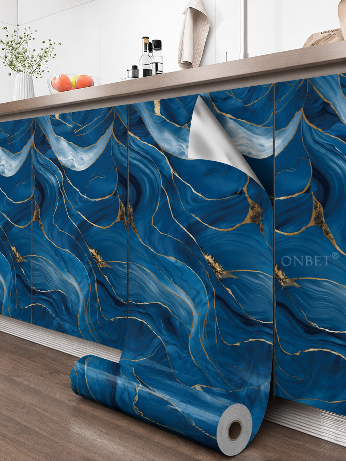Image of Onbet 200 cm Self Adhesive Blue Glossy Marble Foil Waterproof Sticker For Kitchen And Home Self Adhesive Sticker