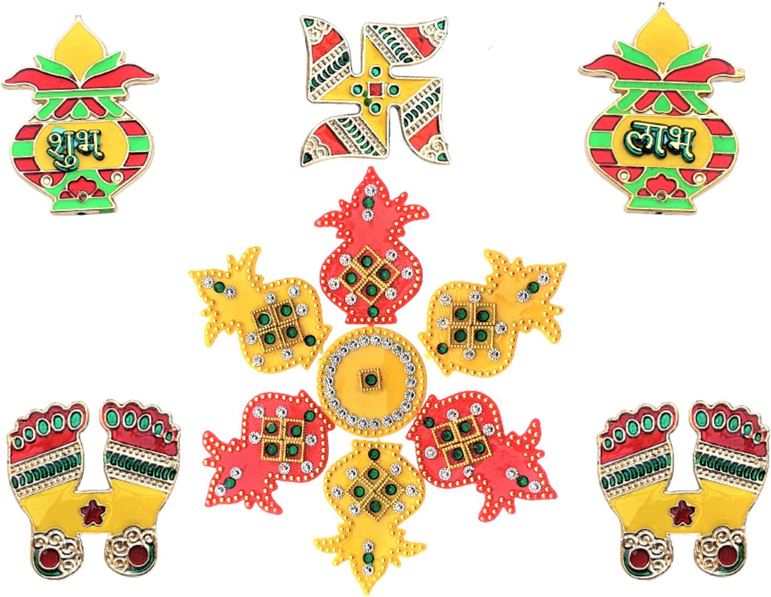 Artonezt 5.08 cm Decorative Acrylic Diwali Shubh Labh, Swastik, Charan, Kalash Rangoli Stickers Self Adhesive Sticker