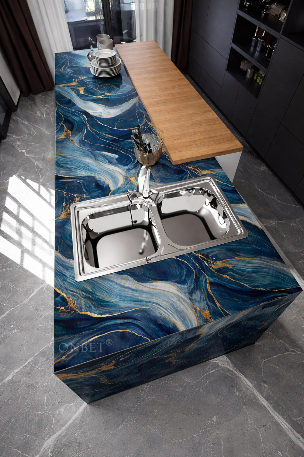 Image of Onbet 200 cm Self Adhesive Blue Glossy Marble Foil Waterproof Sticker For Kitchen And Home Self Adhesive Sticker