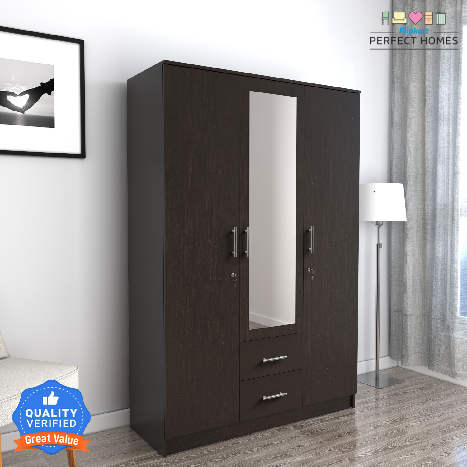 Image of Flipkart Perfect Homes Olympus Engineered Wood 3 Door Wardrobe (Finish Color - Melamine Wenge, Mirror Included, Knock Down)