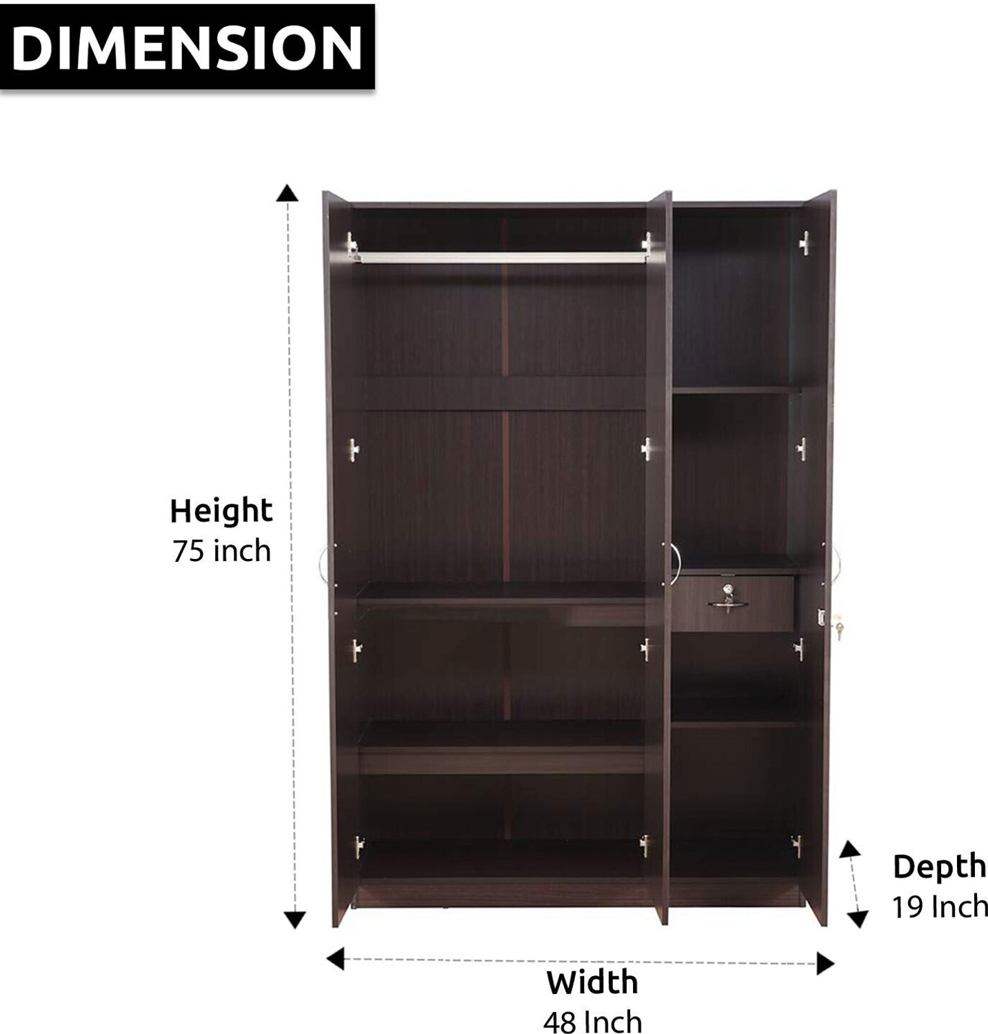 Image of CASPIAN Wooden Almirah for Clothes and Stacking space -Home Furniture Storage Engineered Wood 3 Door Wardrobe
