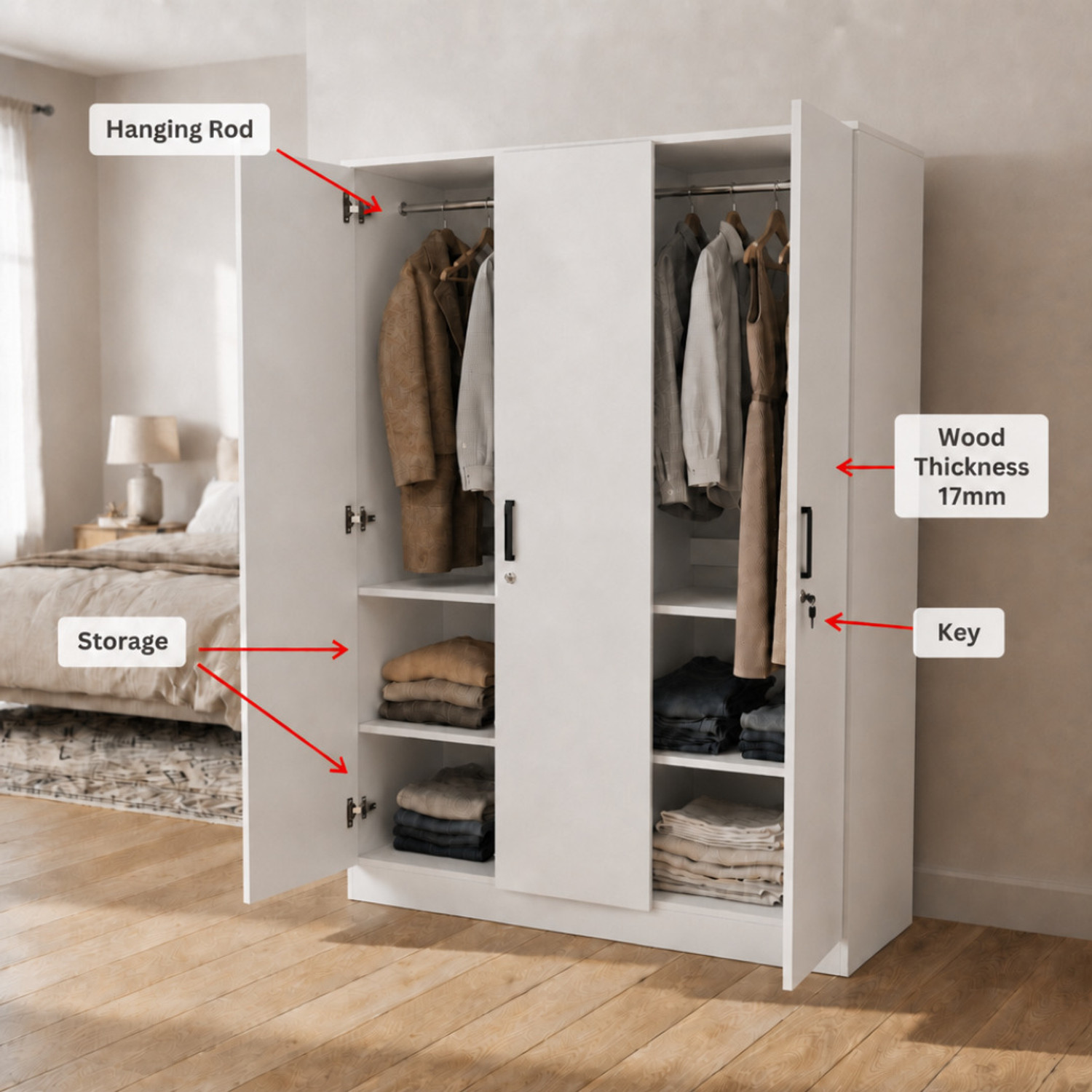 Image of Flipkart Perfect Homes Viro Cabinet Cupboard 4 Shelves 2 Handing Rod 17mm Thick Material Engineered Wood 3 Door Wardrobe