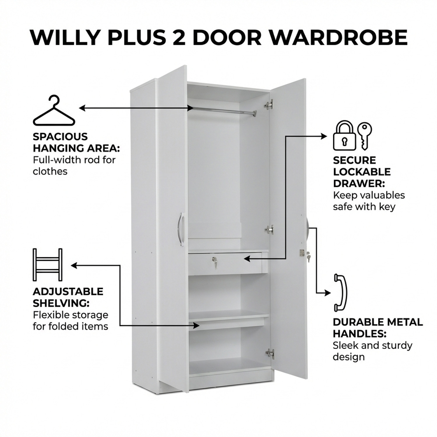 Image of Hometown Willy Engineered Wood 2 Door Wardrobe