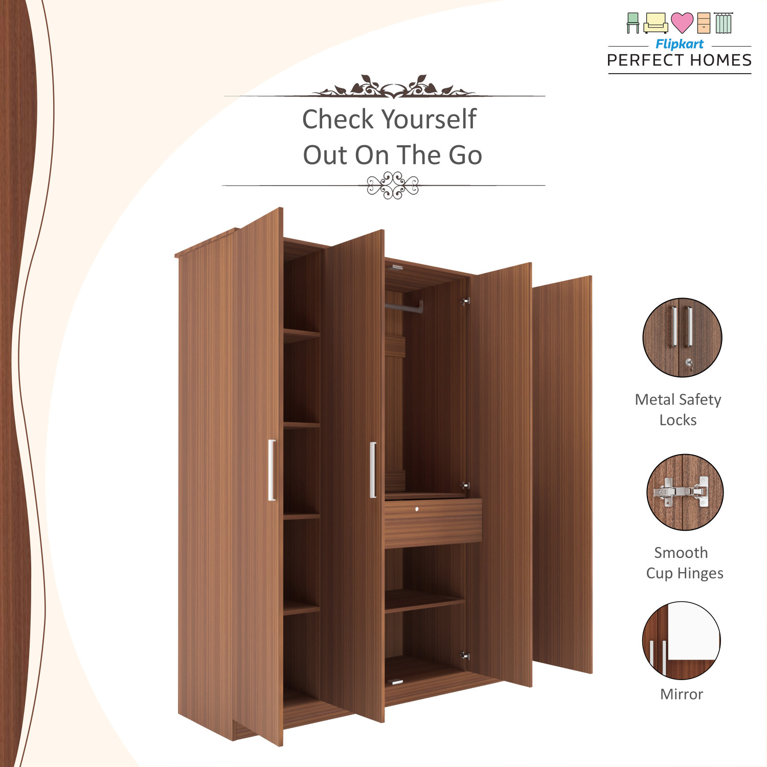 Image of Flipkart Perfect Homes Julian Engineered Wood 4 Door Wardrobe