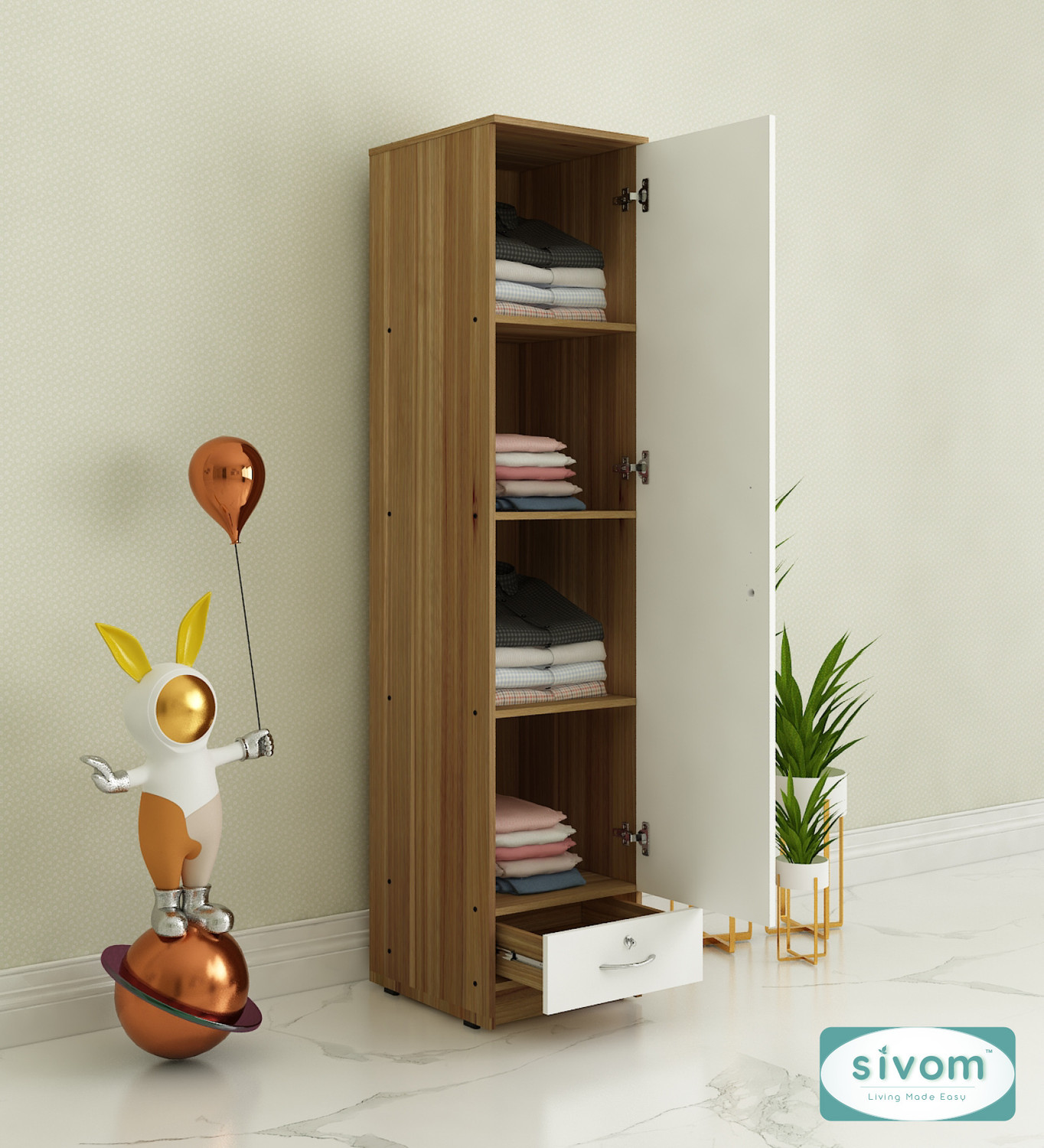 Image of SIVOM SIVOM Ultra Multipurpose Single Door OuterDrawer Wardrobe Engineered Wood 1 Door Wardrobe