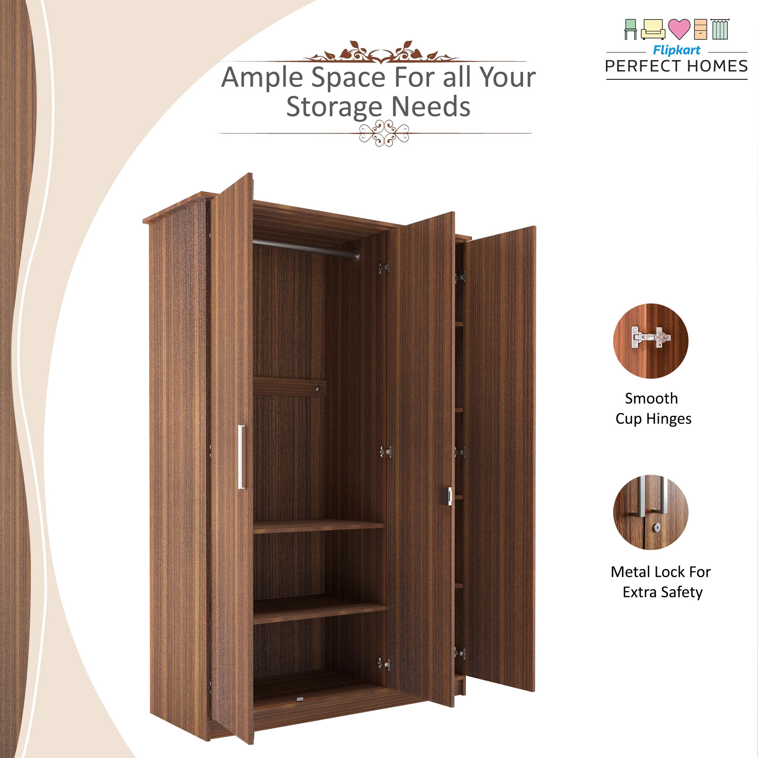 Image of Flipkart Perfect Homes Julian Engineered Wood 3 Door Wardrobe