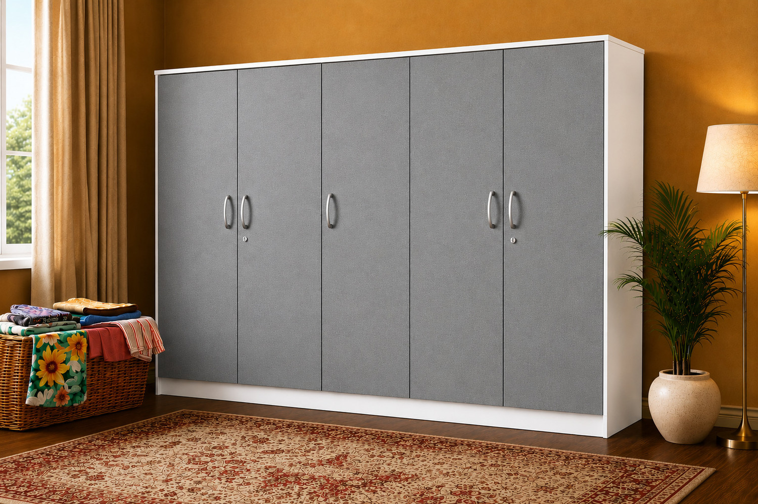 Image of Home Full Eric Frosty White With Grey Engineered Wood 5 Door Wardrobe