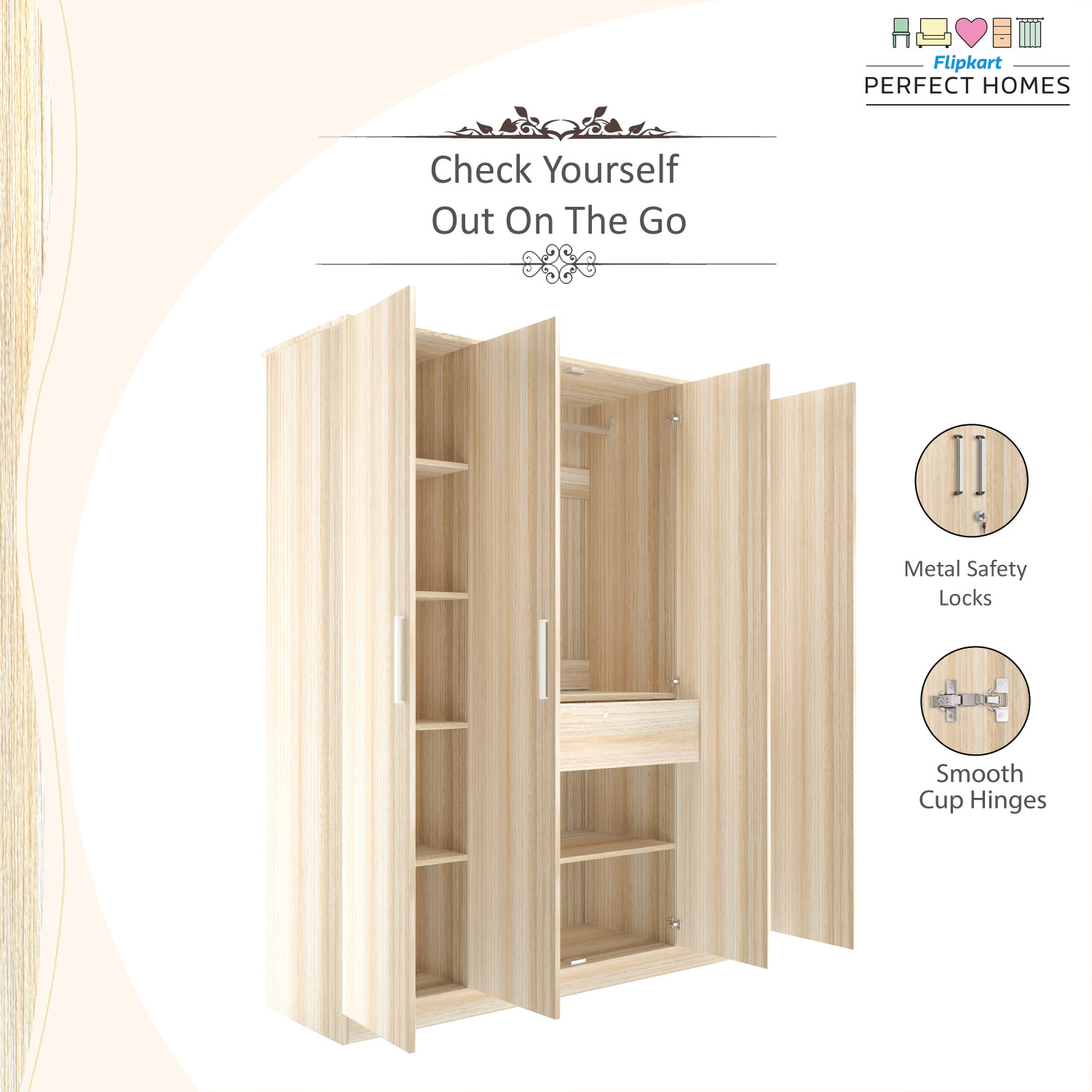 Image of Flipkart Perfect Homes Julian Engineered Wood 4 Door Wardrobe