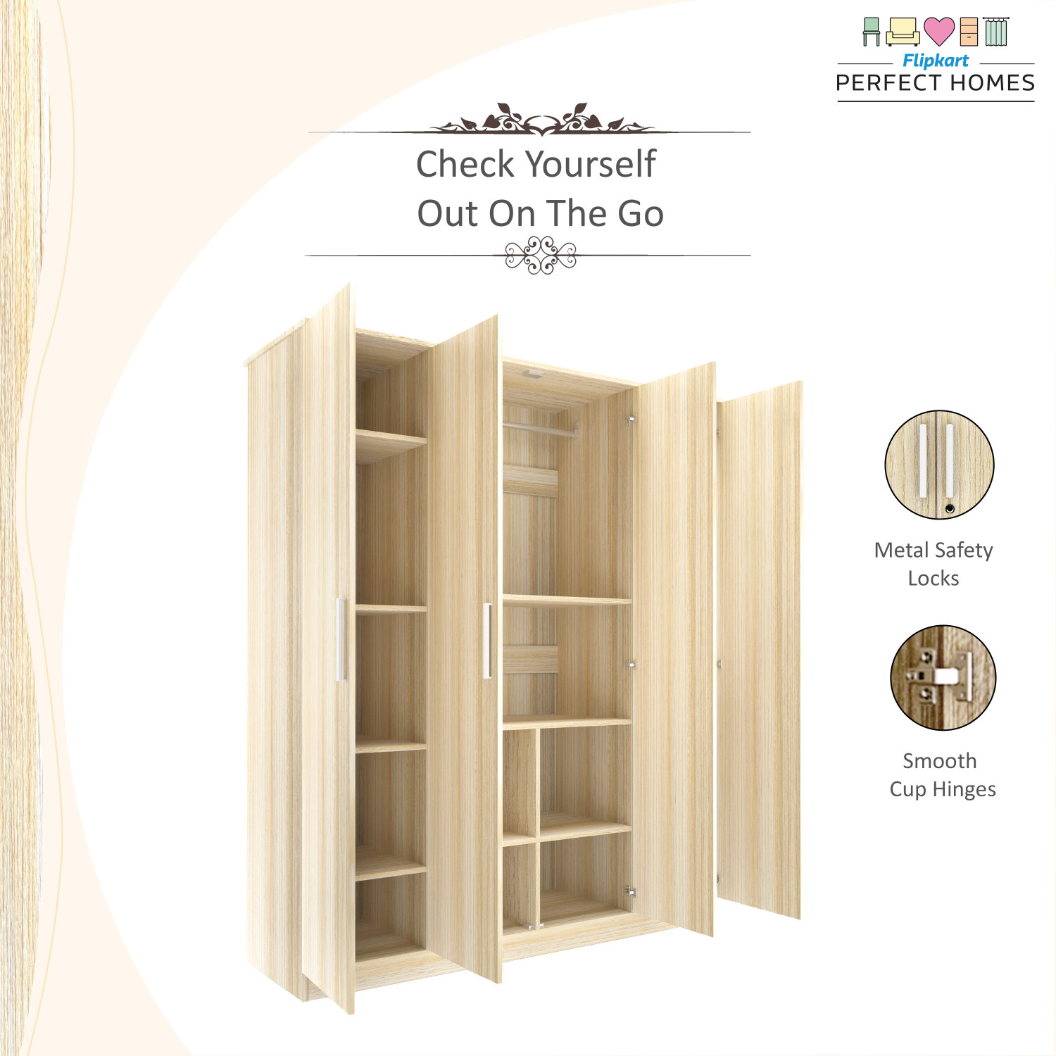 Image of Flipkart Perfect Homes Julian Engineered Wood 4 Door Wardrobe
