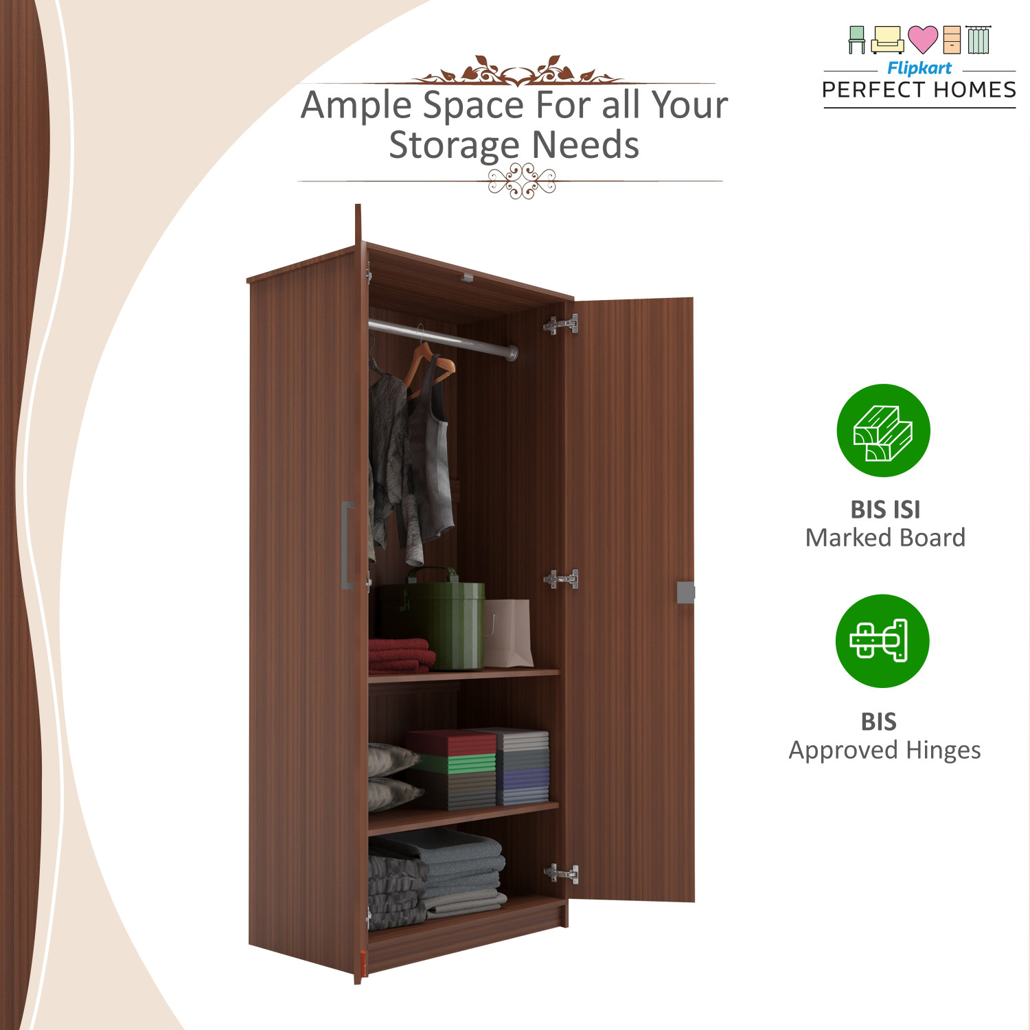 Image of Flipkart Perfect Homes Julian Engineered Wood 2 Door Wardrobe