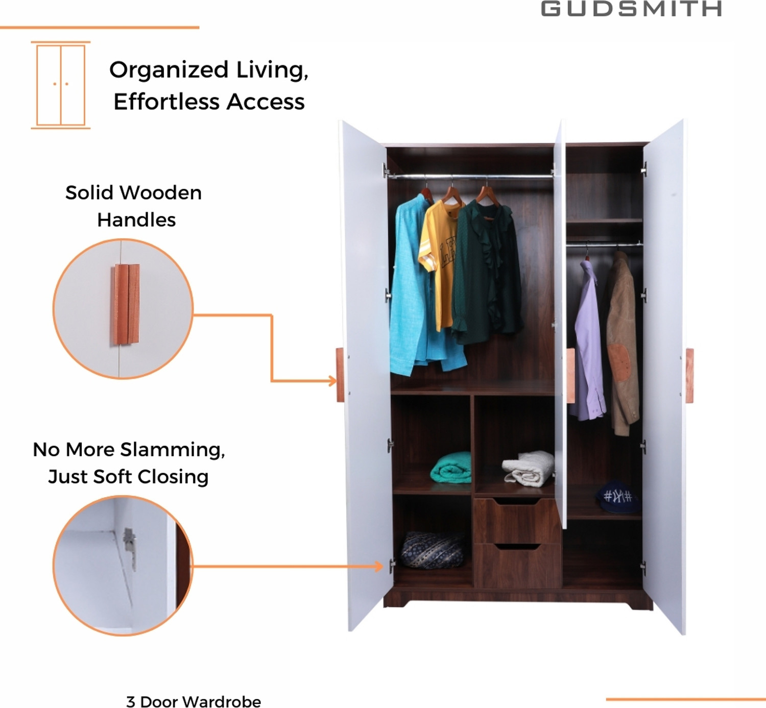 Image of GUDSMITH W3CW Engineered Wood 3 Door Wardrobe