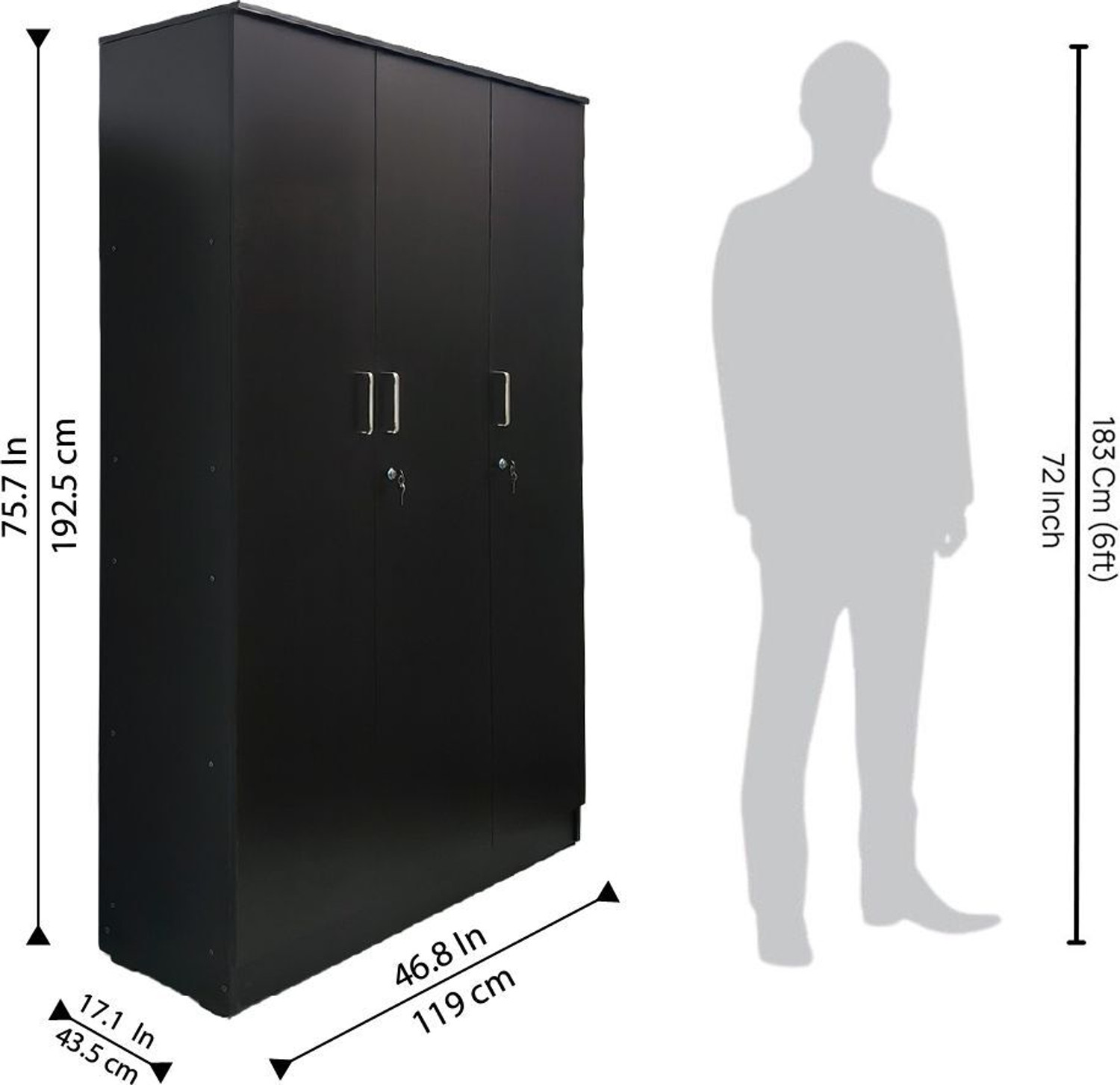 Image of KIK Verna 3 Door Wardrobe with Locker - Wenge Finish | Engineered Wood Almirah Engineered Wood 3 Door Wardrobe