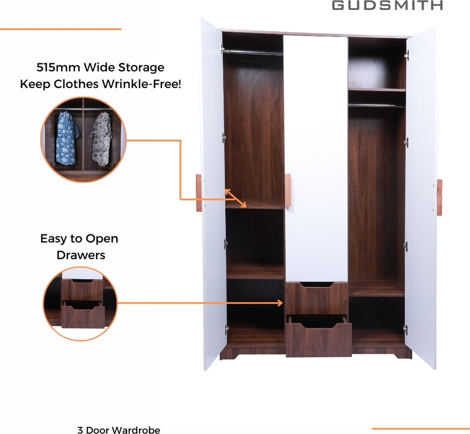 Image of GUDSMITH W3CW Engineered Wood 3 Door Wardrobe
