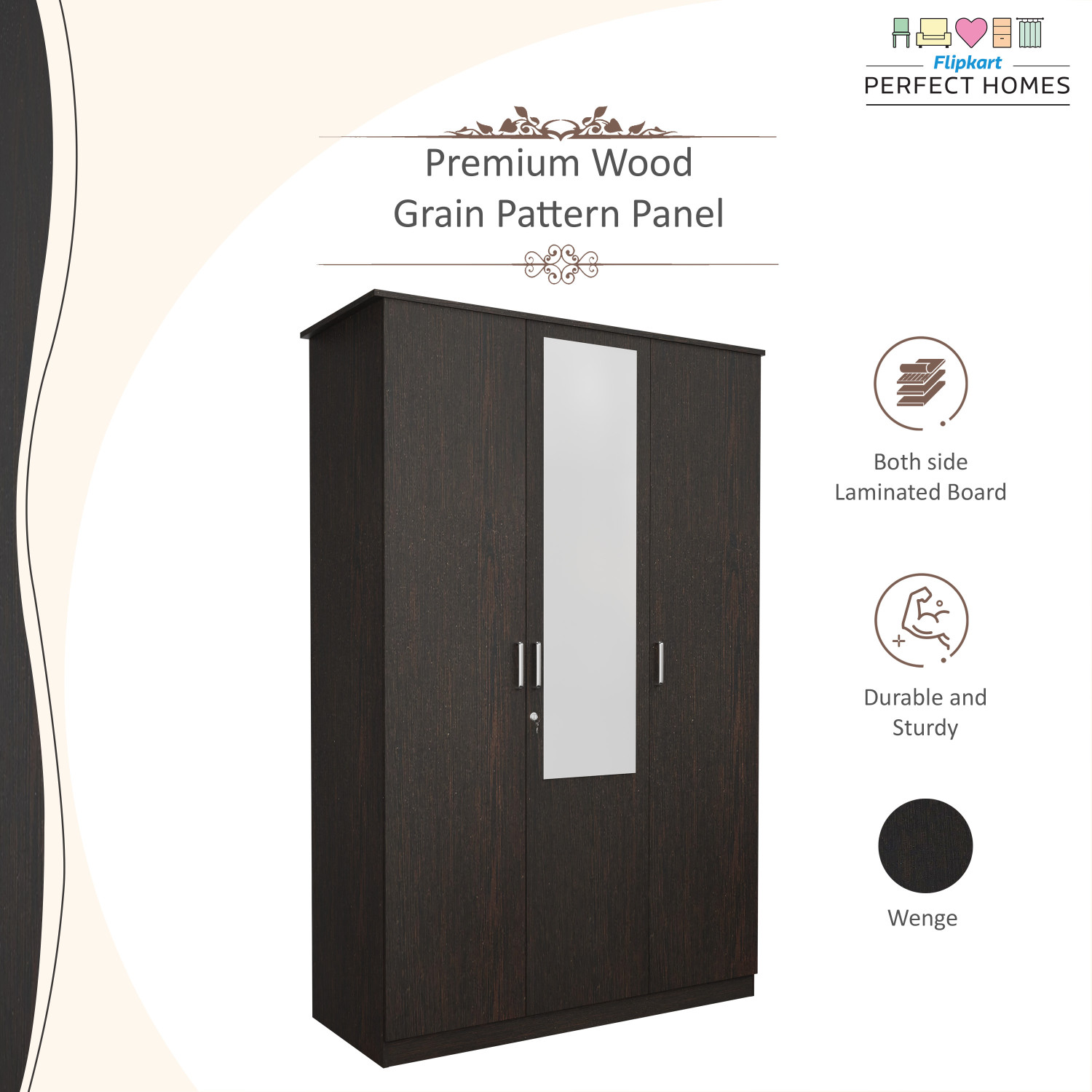 Image of Flipkart Perfect Homes Julian Engineered Wood 3 Door Wardrobe