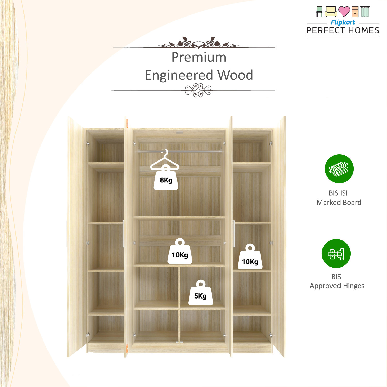 Image of Flipkart Perfect Homes Julian Engineered Wood 4 Door Wardrobe