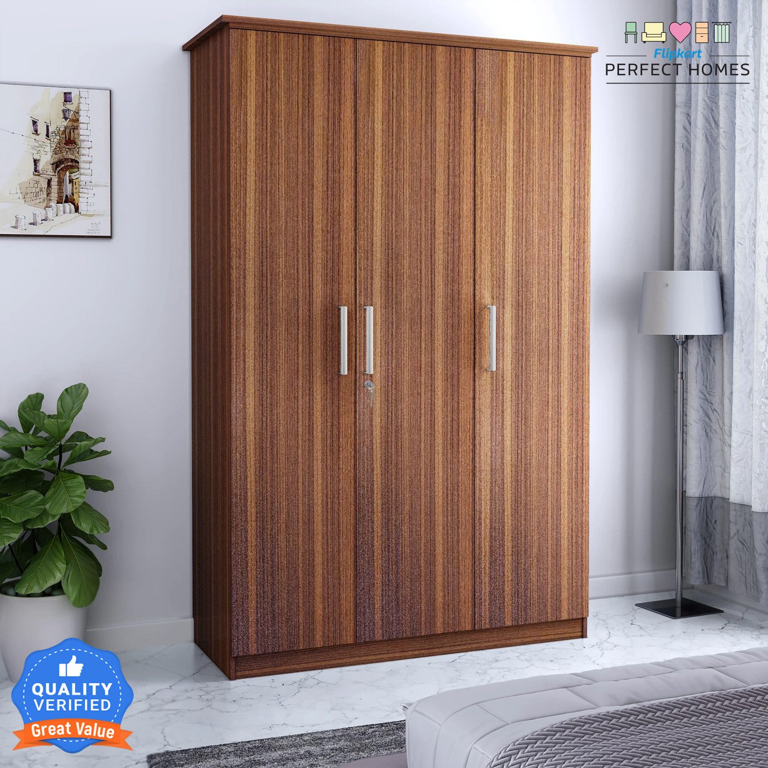 Image of Flipkart Perfect Homes Julian Engineered Wood 3 Door Wardrobe