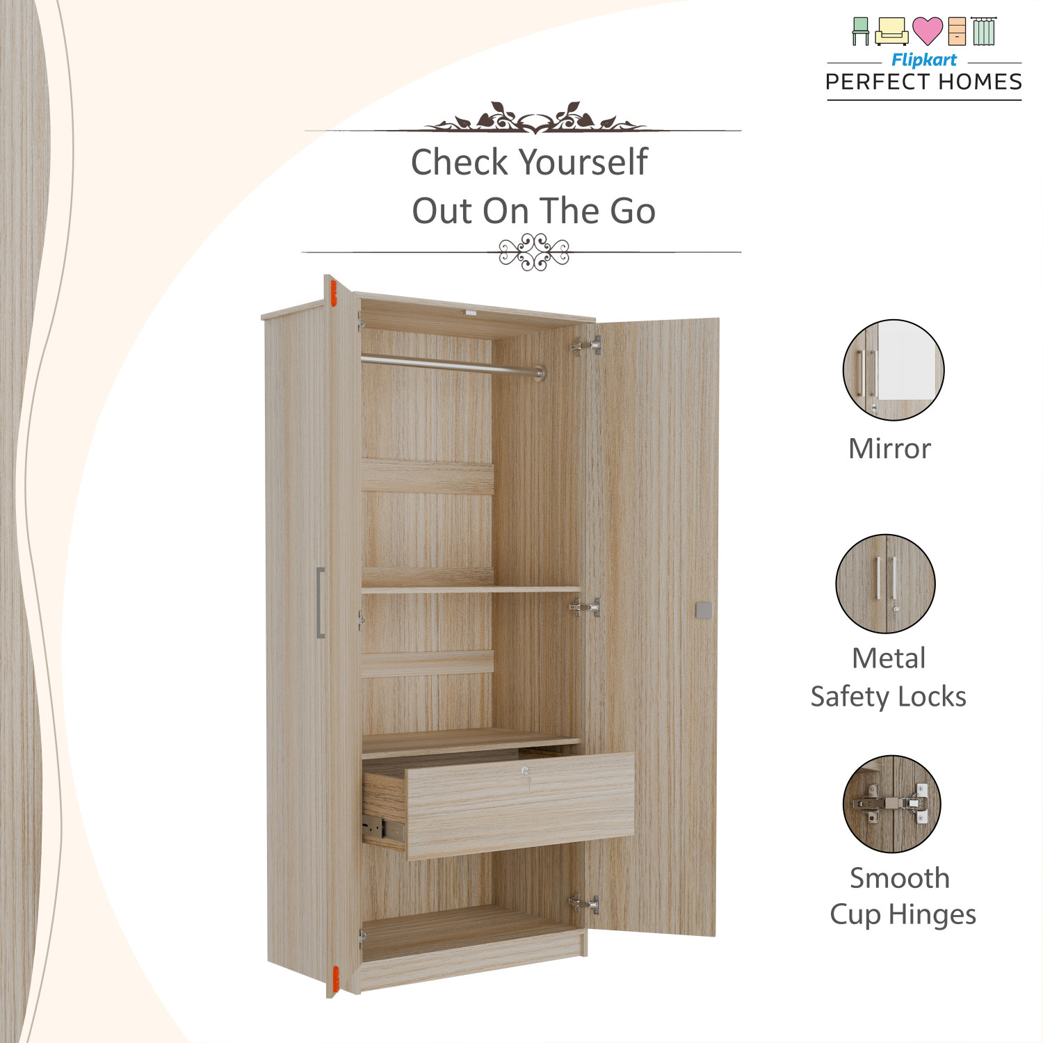 Image of Flipkart Perfect Homes Julian Engineered Wood 2 Door Wardrobe