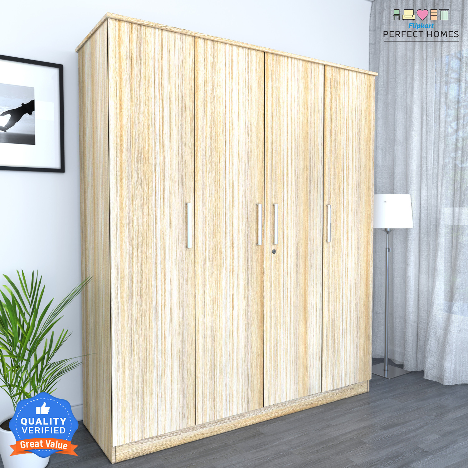Image of Flipkart Perfect Homes Julian Engineered Wood 4 Door Wardrobe