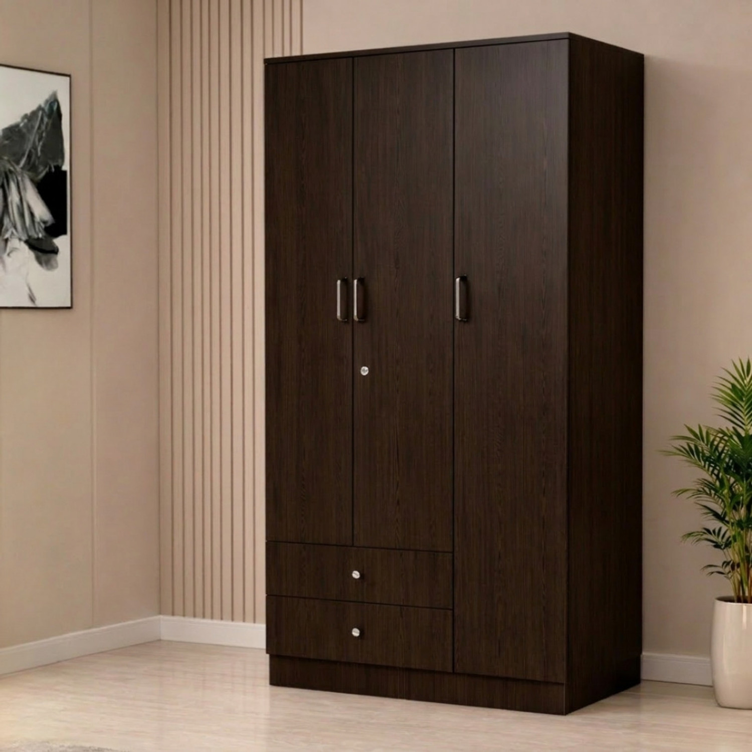 Image of neuspace Trio 3 Door Wardrobe with 2 Drawers, Hanging Space & Shelves Engineered Wood 3 Door Wardrobe