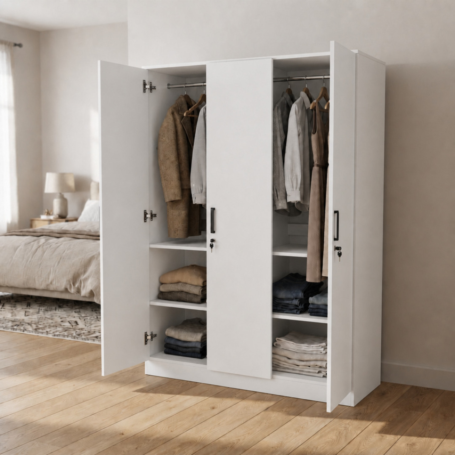 Image of Flipkart Perfect Homes Viro Cabinet Cupboard 4 Shelves 2 Handing Rod 17mm Thick Material Engineered Wood 3 Door Wardrobe