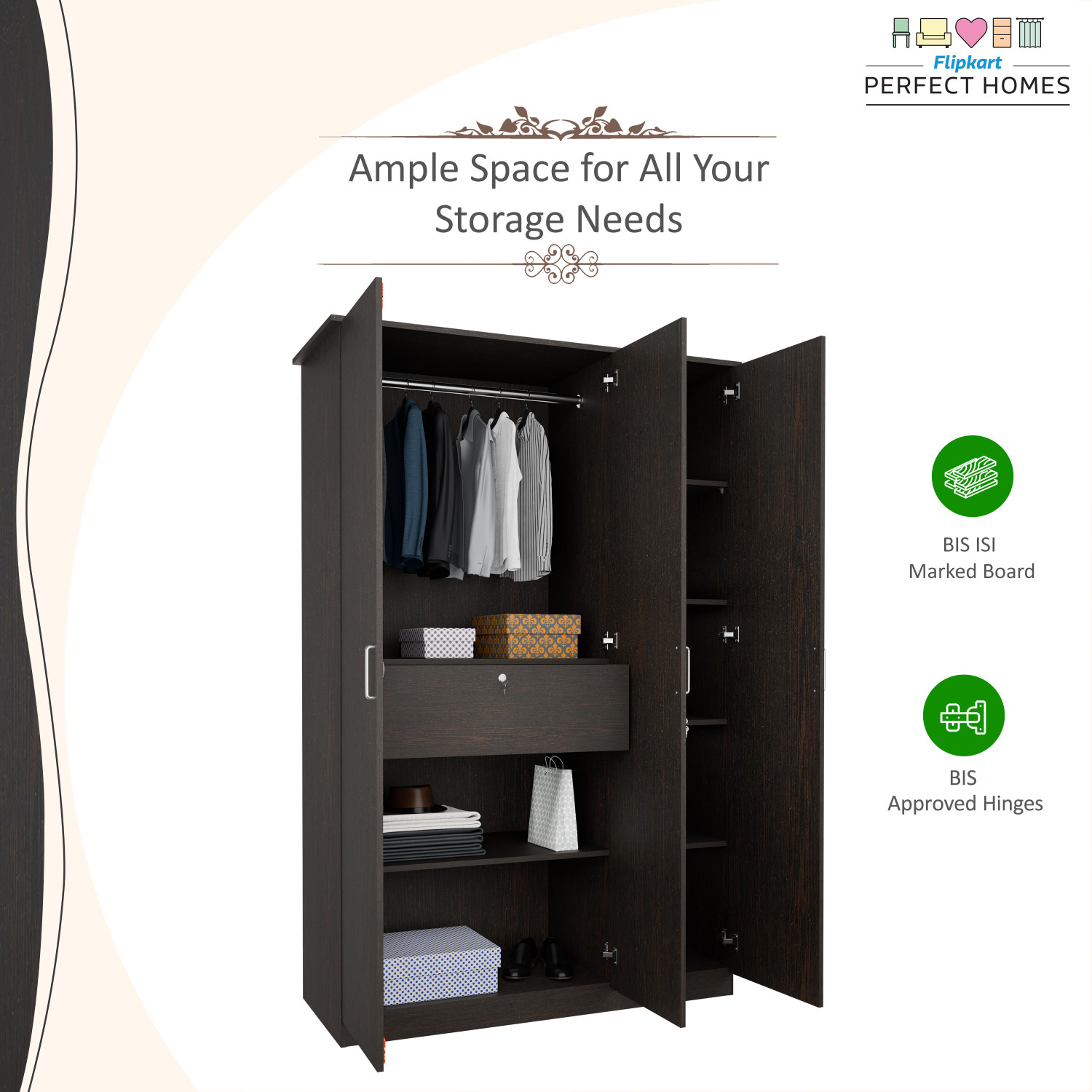 Image of Flipkart Perfect Homes Julian Engineered Wood 3 Door Wardrobe
