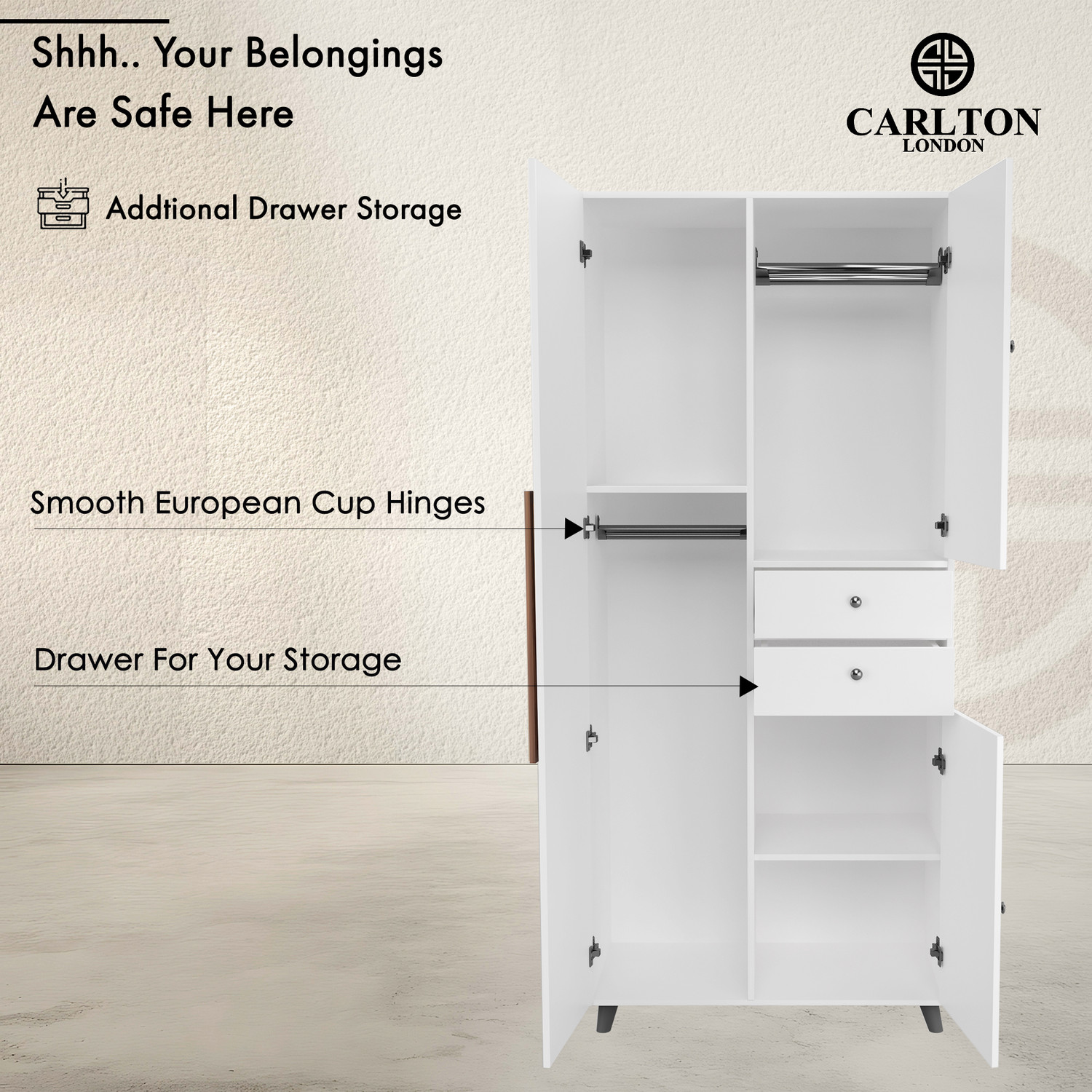 Image of CARLTON LONDON Willy Engineered Wood 3 Door Wardrobe (Finish Color - White, Knock Down)
