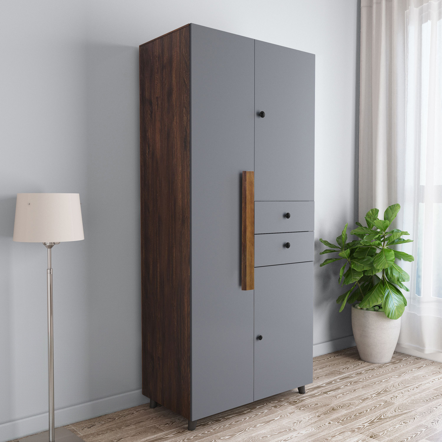 Image of CARLTON LONDON Willy Engineered Wood 3 Door Wardrobe (Finish Color - Rustic + Grey, Knock Down)