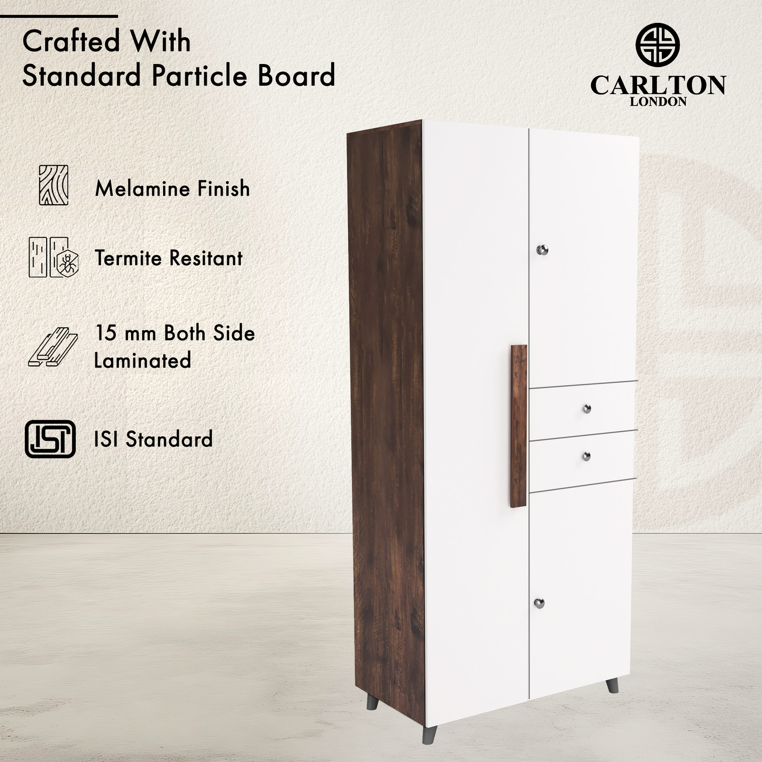 Image of CARLTON LONDON Willy Engineered Wood 3 Door Wardrobe (Finish Color - Rustic + White, Knock Down)