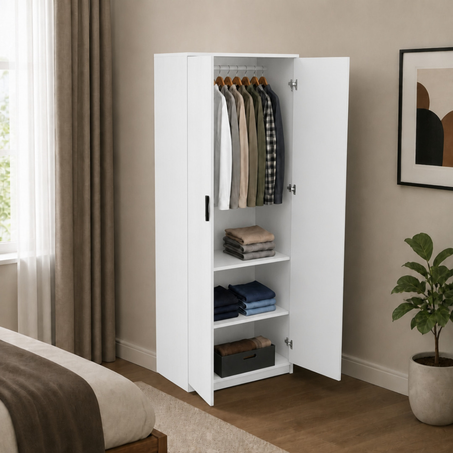 Image of Flipkart Perfect Homes Taro cupboard cabinet almirah double door hanging rod 3 Shelf 75 x 180.5 x 45 cm Engineered Wood 2 Door Wardrobe