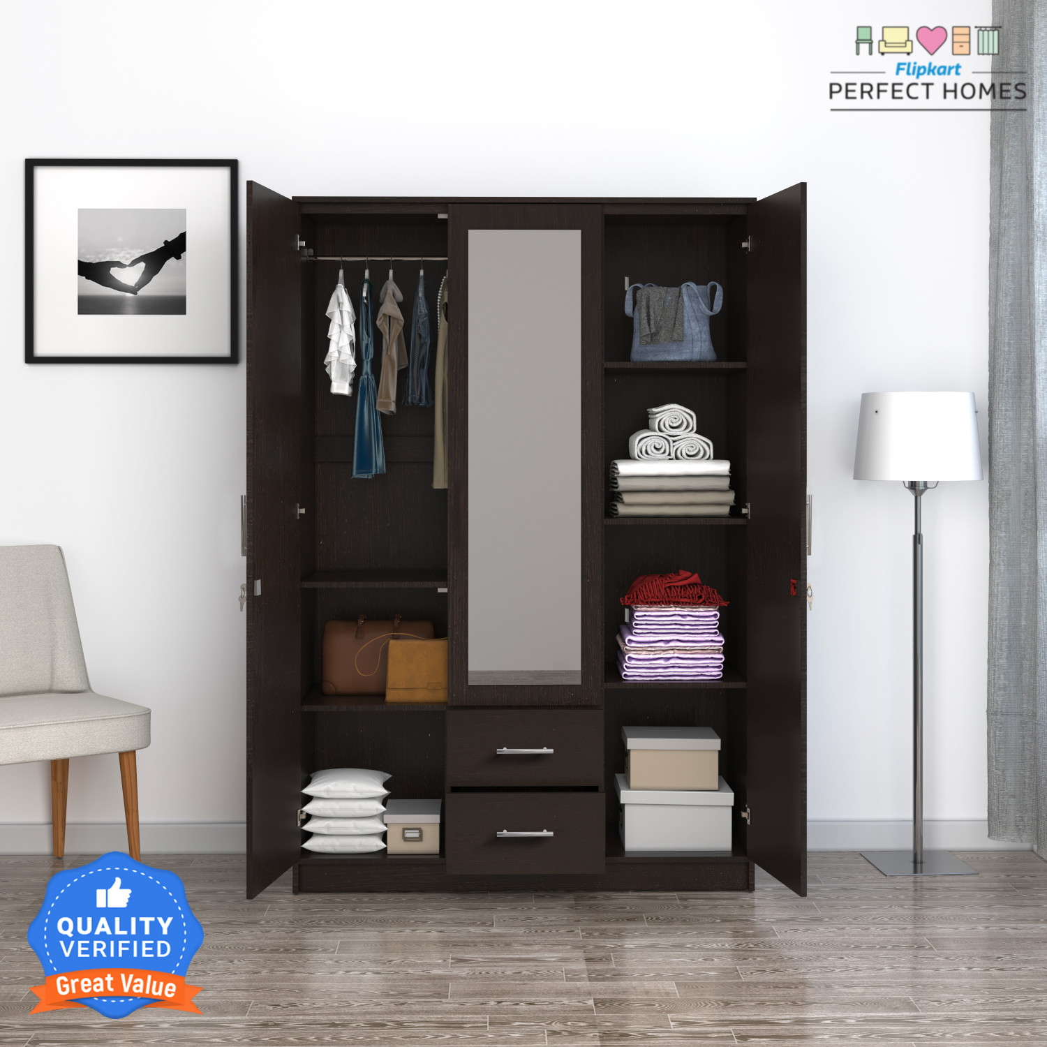 Image of Flipkart Perfect Homes Olympus Engineered Wood 3 Door Wardrobe (Finish Color - Melamine Wenge, Mirror Included, Knock Down)
