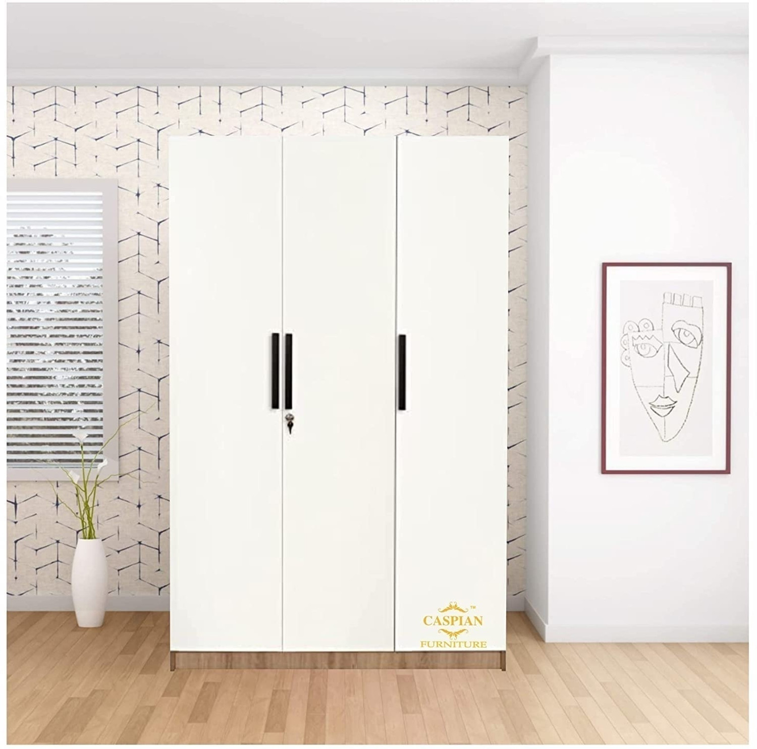 Image of CASPIAN Wooden Almirah for Clothes and Stacking space -Home Furniture Storage Engineered Wood 3 Door Wardrobe