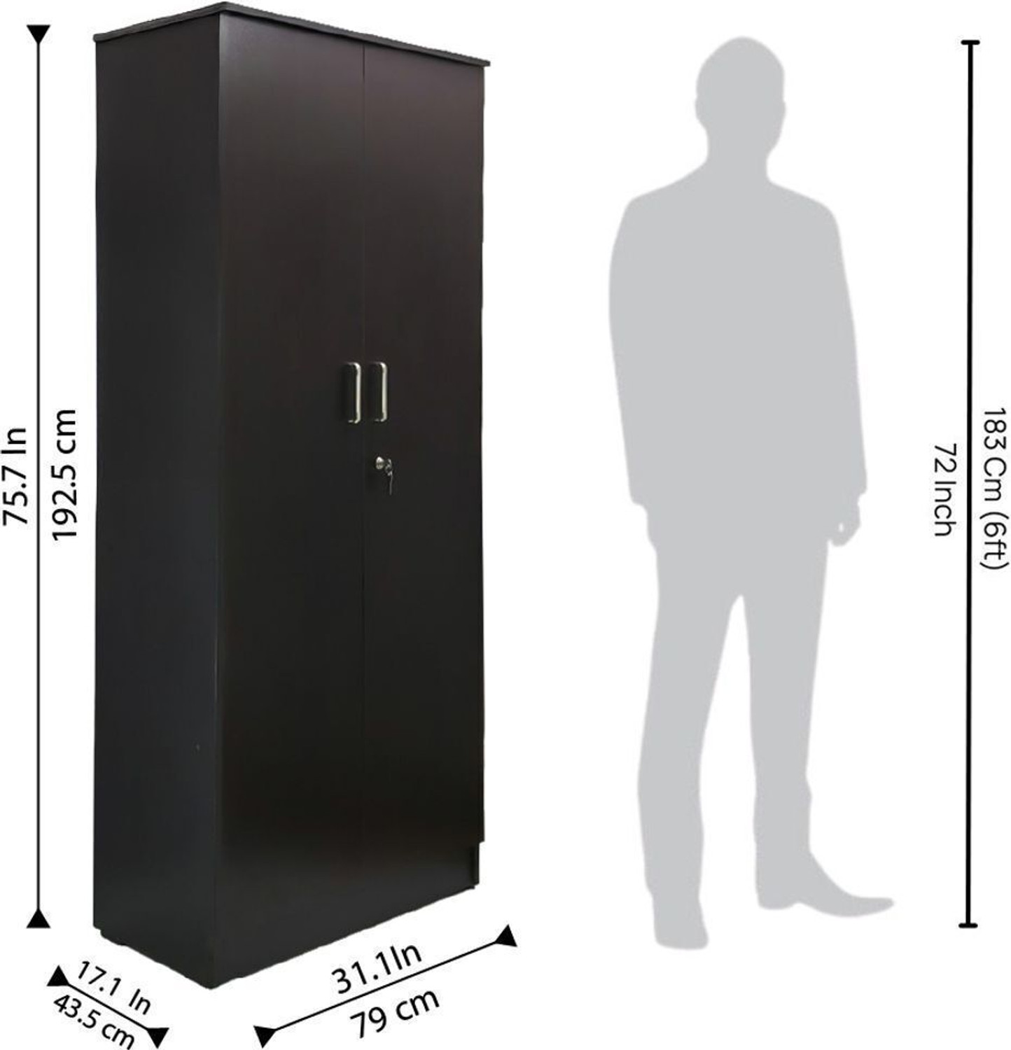 Image of KIK Verna 2 Door Wardrobe with Locker - Wenge Finish | Engineered Wood Almirah Engineered Wood 2 Door Wardrobe