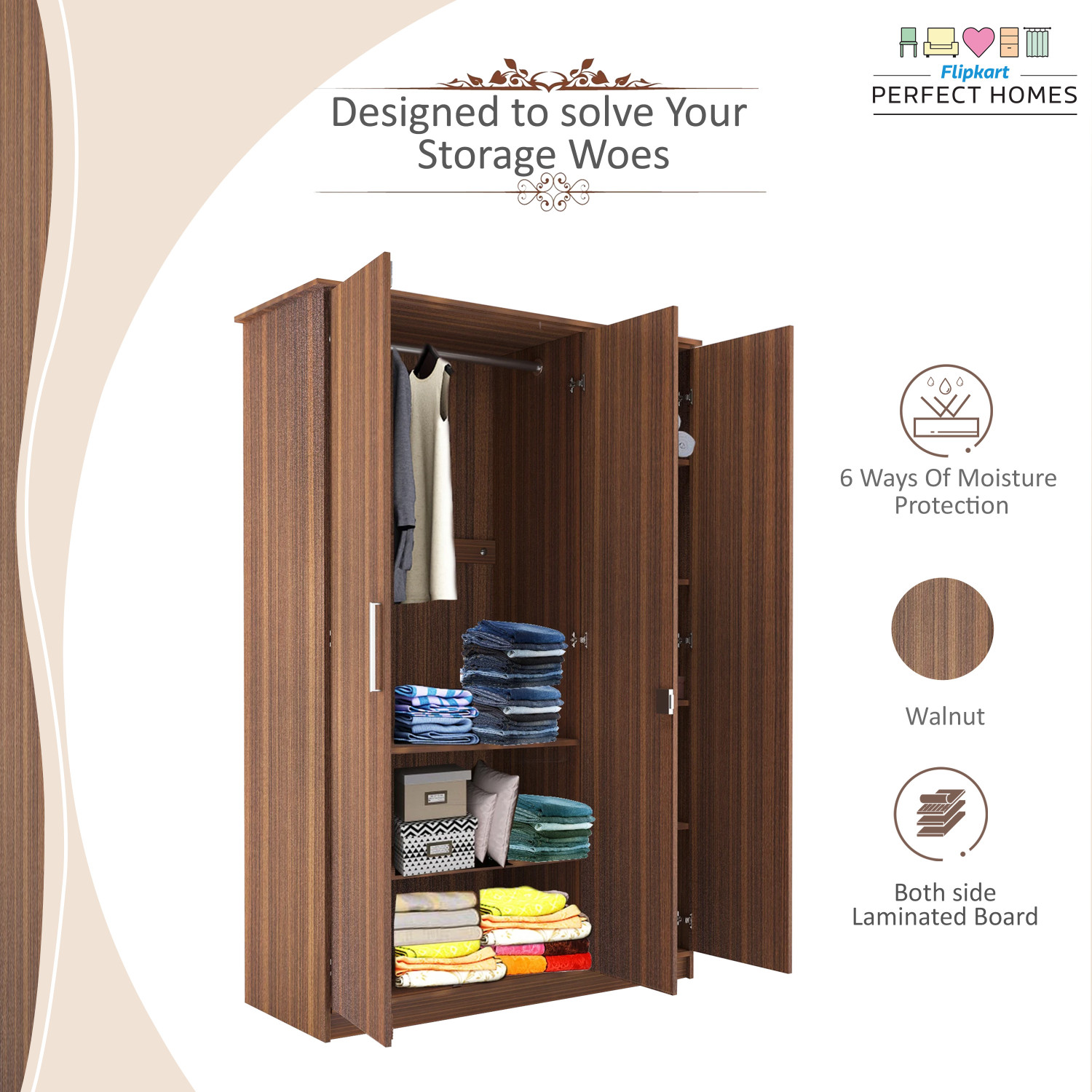 Image of Flipkart Perfect Homes Julian Engineered Wood 3 Door Wardrobe