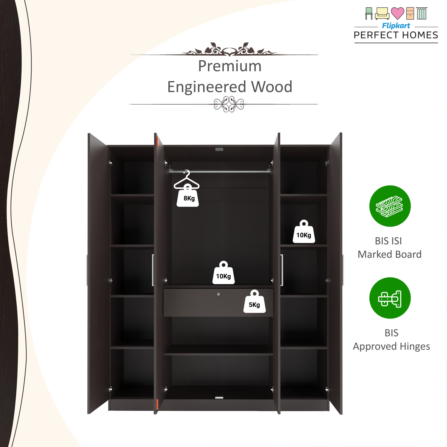 Image of Flipkart Perfect Homes Julian Engineered Wood 4 Door Wardrobe