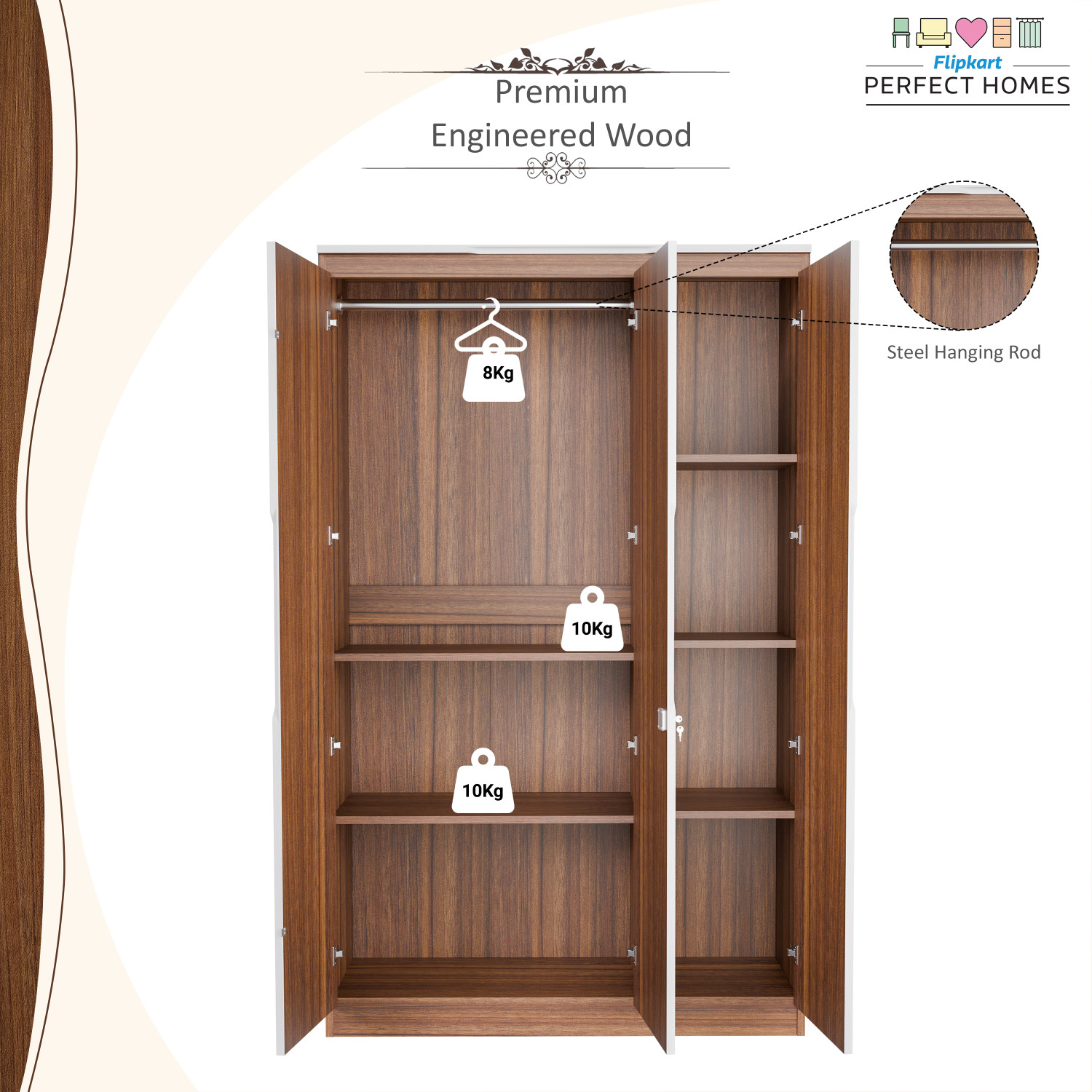 Image of Flipkart Perfect Homes Amora Engineered Wood 3 Door Wardrobe