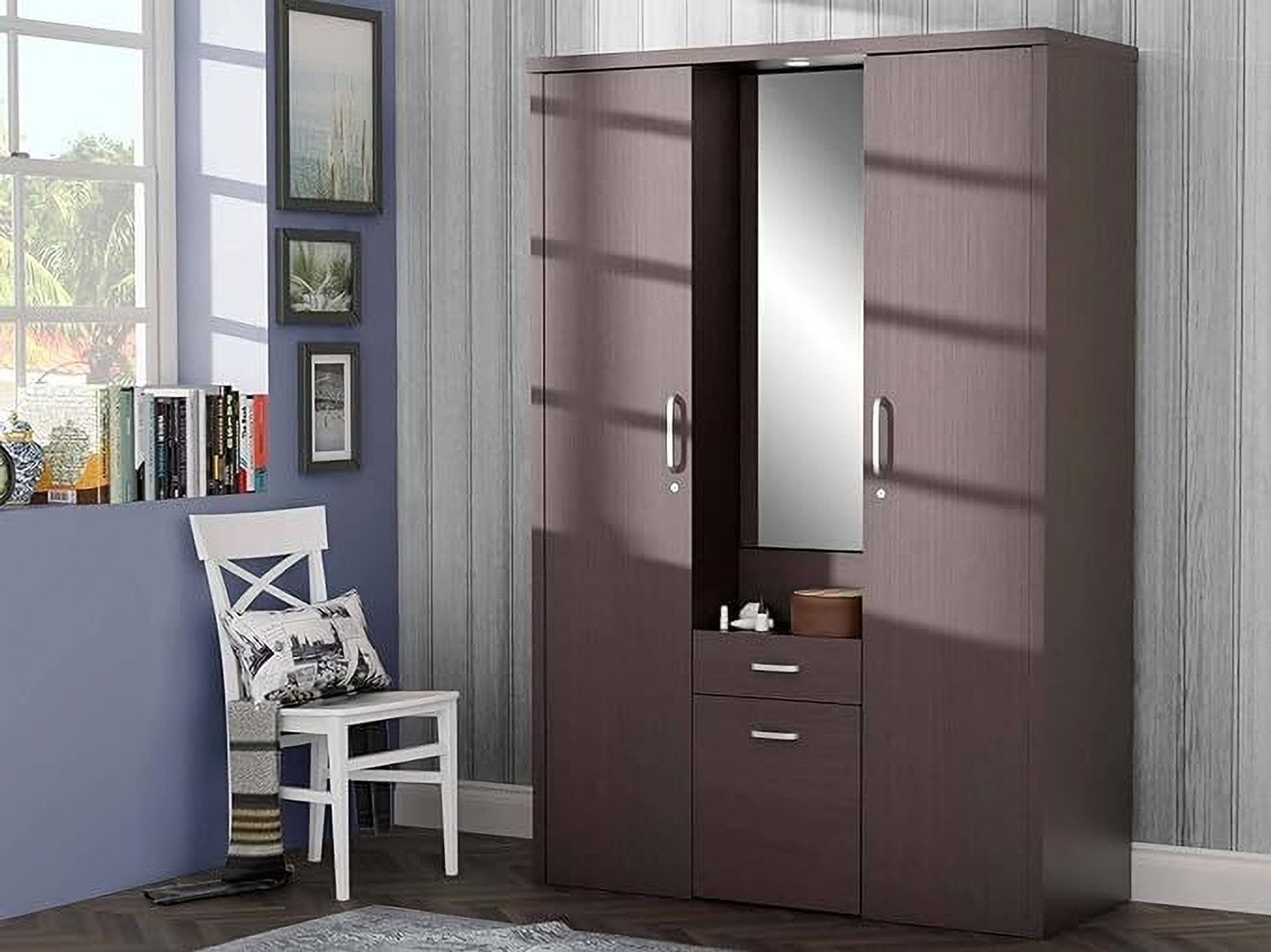 Image of CASPIAN Wooden Almirah for Clothes and Stacking space -Home Furniture Storage Engineered Wood 3 Door Wardrobe