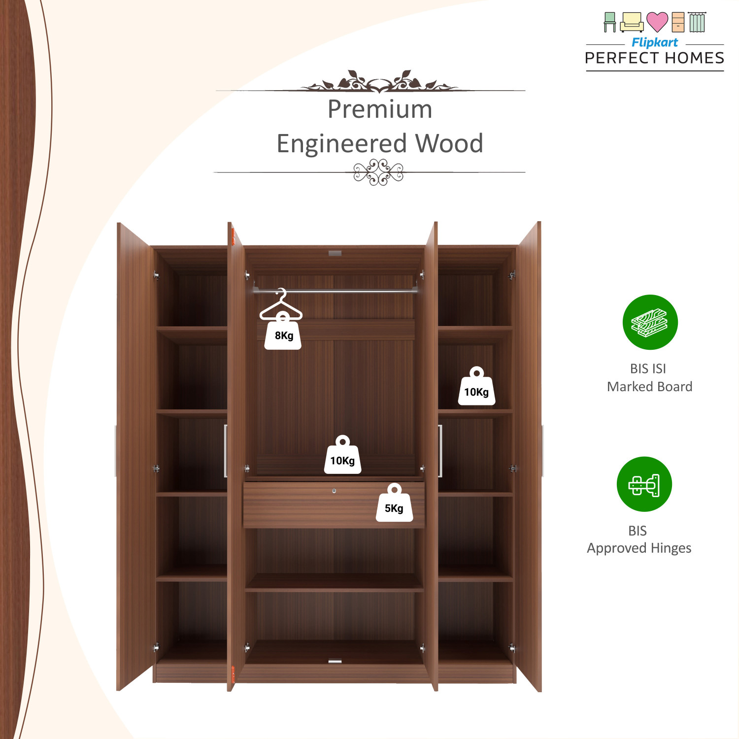 Image of Flipkart Perfect Homes Julian Engineered Wood 4 Door Wardrobe