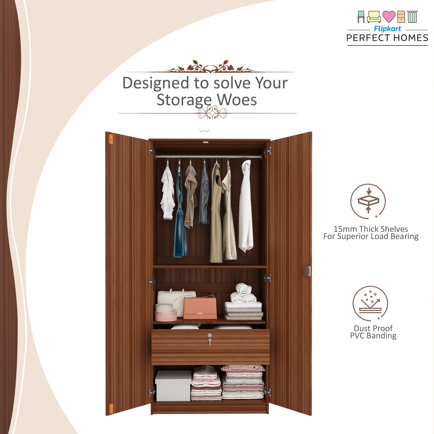 Image of Flipkart Perfect Homes Julian Engineered Wood 2 Door Wardrobe