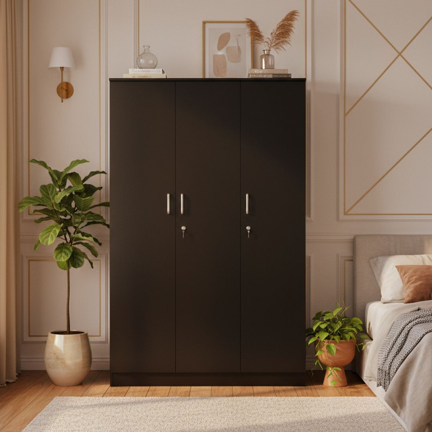 Image of KIK Verna 3 Door Wardrobe with Locker - Wenge Finish | Engineered Wood Almirah Engineered Wood 3 Door Wardrobe