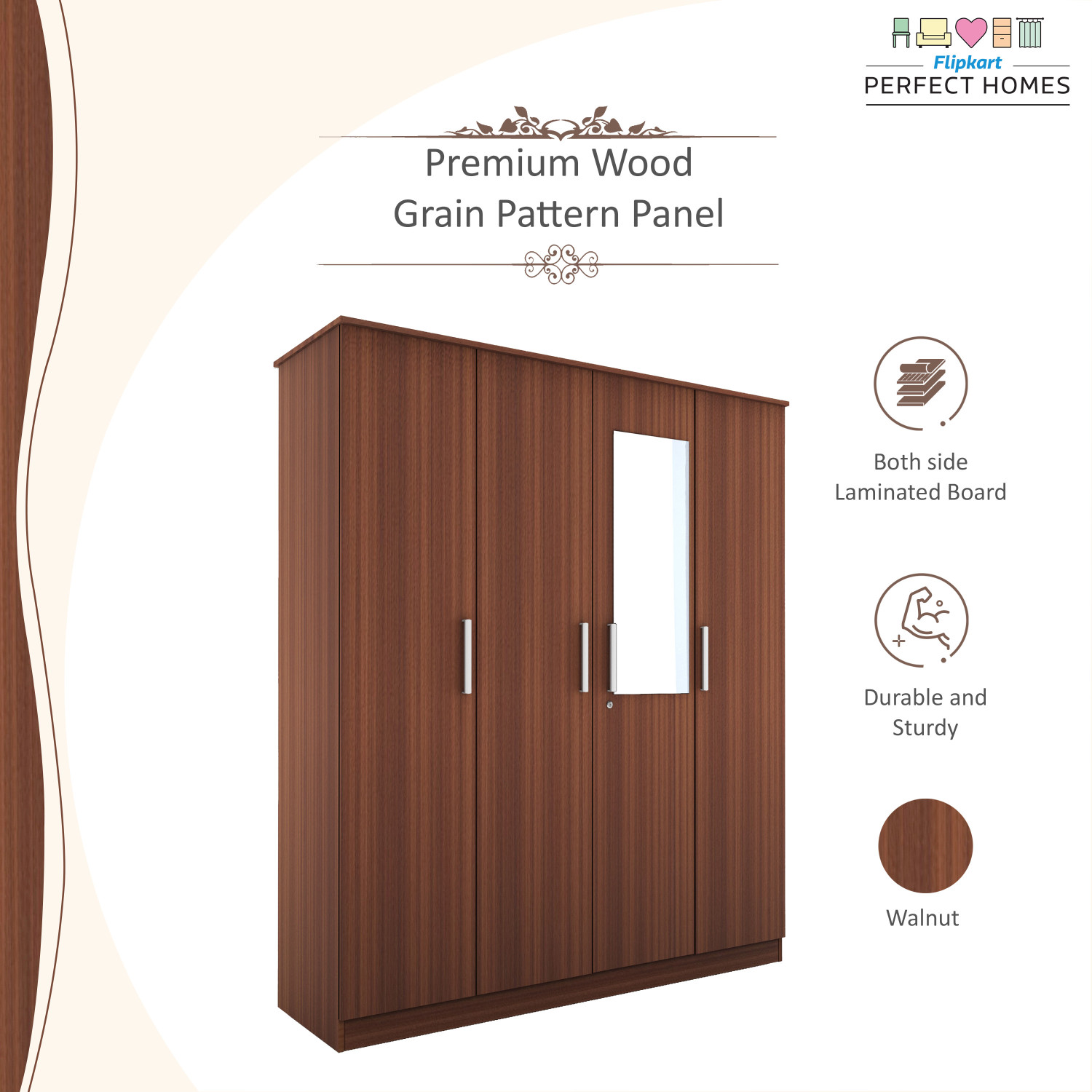 Image of Flipkart Perfect Homes Julian Engineered Wood 4 Door Wardrobe