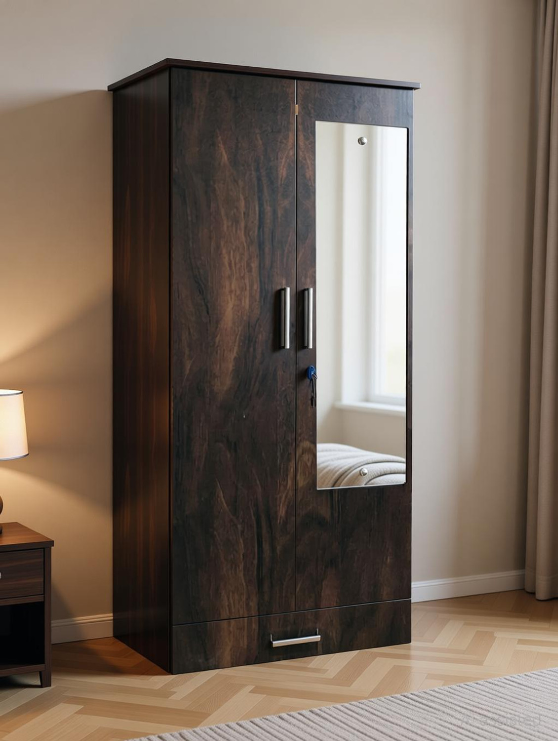 Image of CASPIAN Wooden Almirah for Clothes and Stacking space -Home Furniture Storage Engineered Wood 2 Door Wardrobe