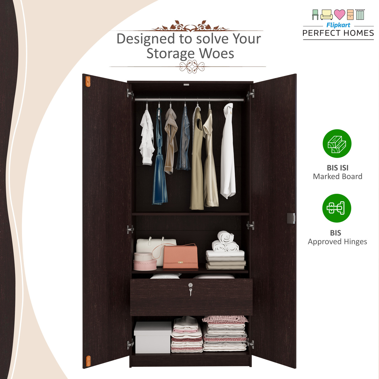 Image of Flipkart Perfect Homes Julian Engineered Wood 2 Door Wardrobe
