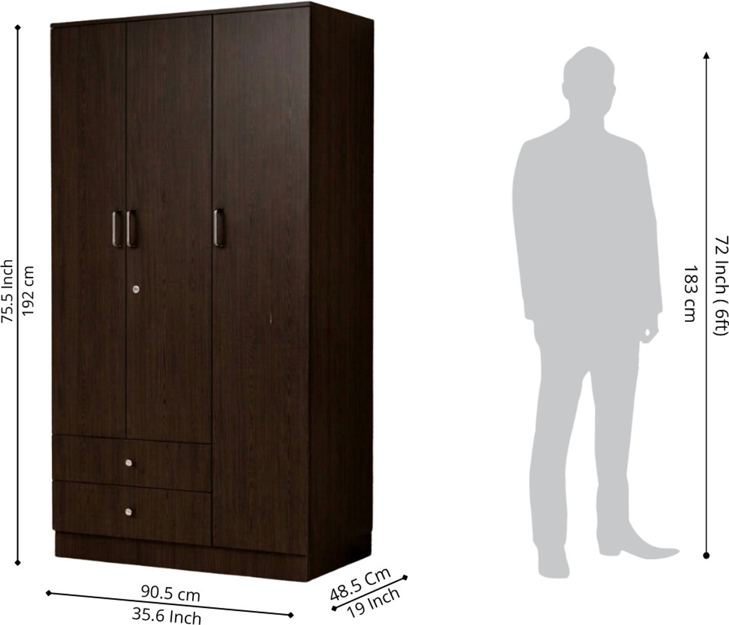Image of neuspace Trio 3 Door Wardrobe with 2 Drawers, Hanging Space & Shelves Engineered Wood 3 Door Wardrobe
