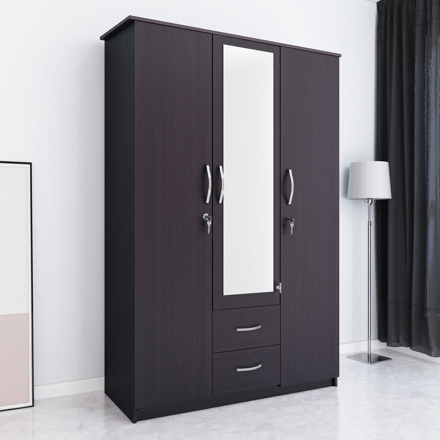 Image of Flipkart Perfect Homes Olympus Engineered Wood 3 Door Wardrobe (Finish Color - Wenge, Mirror Included, Knock Down)