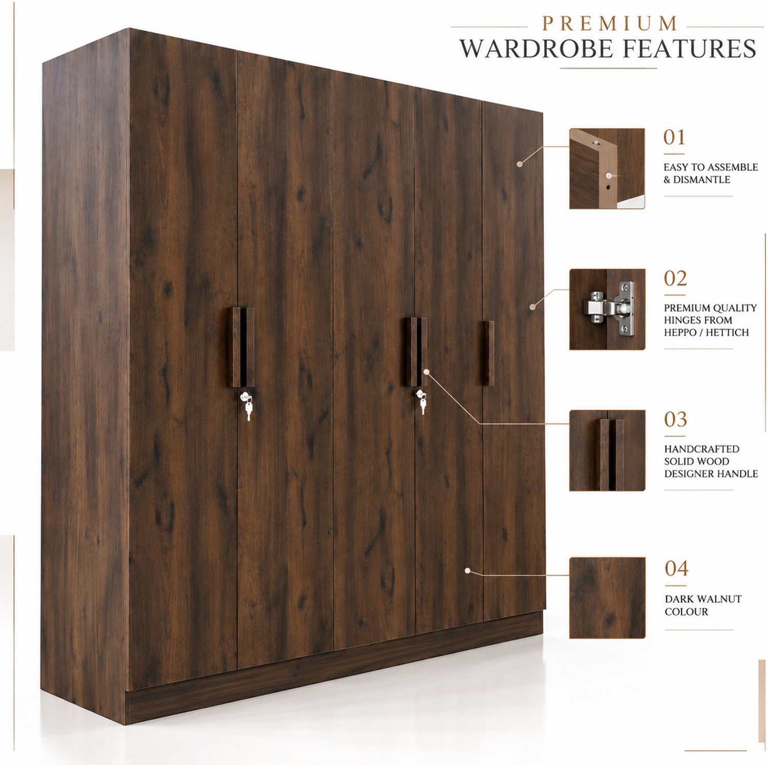 Image of Trevi Mustang | BIS Certified | 3 Years Warranty | Premium Storage Wardrobe Engineered Wood 5 Door Wardrobe
