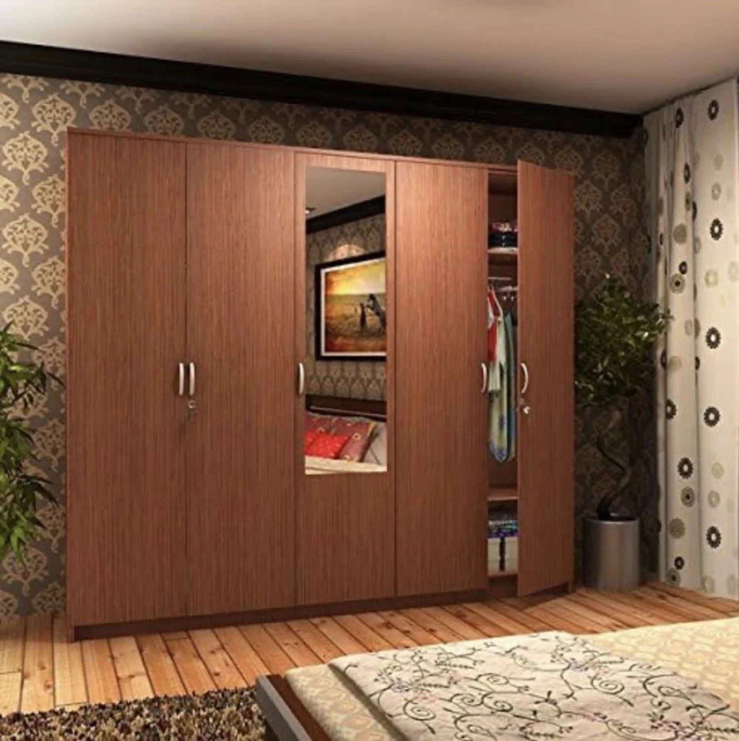 Image of CASPIAN Wooden Almirah for Clothes and Stacking space -Home Furniture Storage Engineered Wood 5 Door Wardrobe