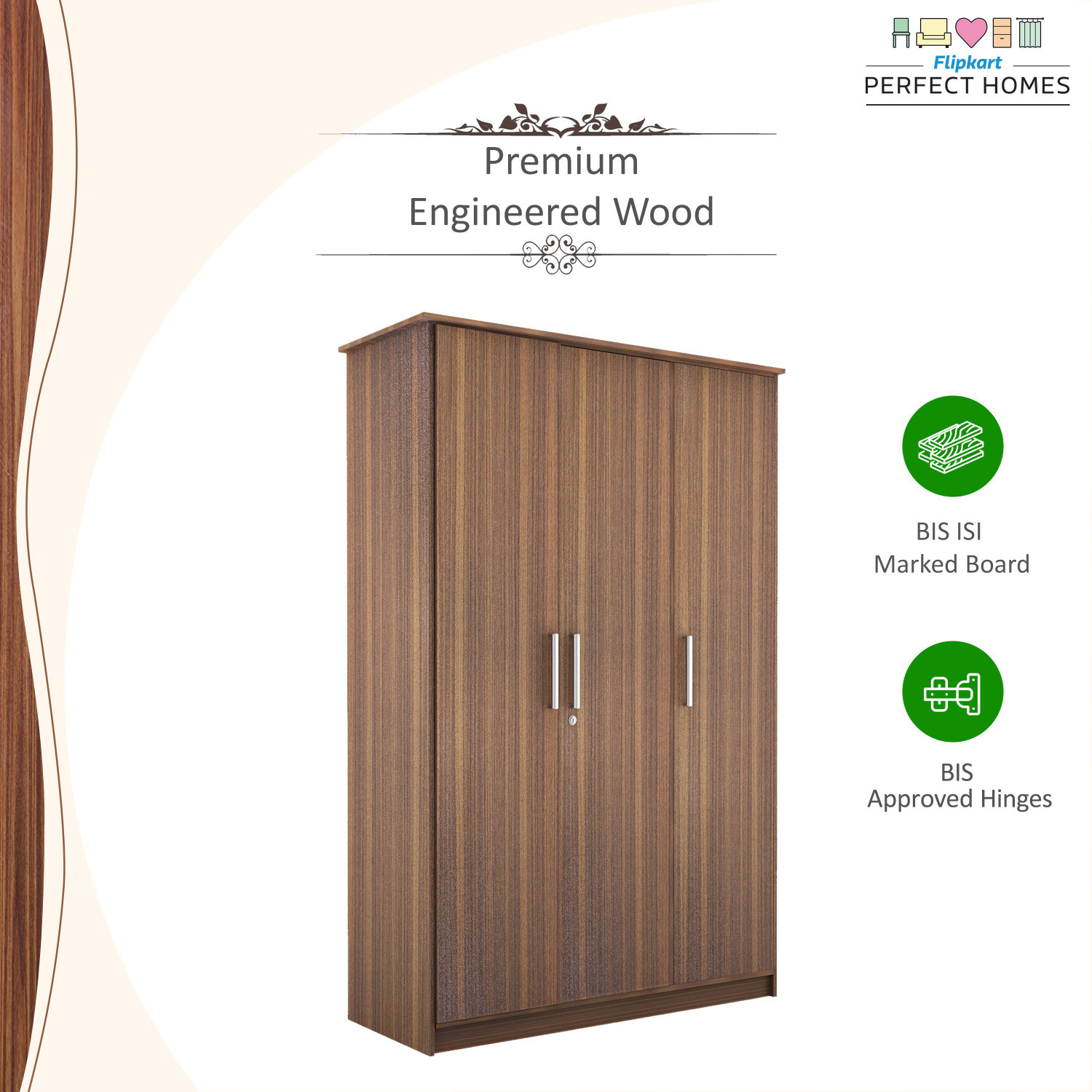 Image of Flipkart Perfect Homes Julian Engineered Wood 3 Door Wardrobe