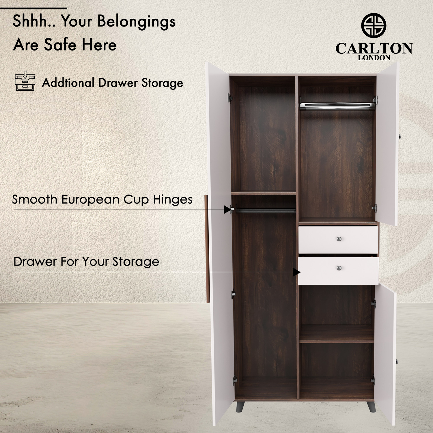Image of CARLTON LONDON Willy Engineered Wood 3 Door Wardrobe (Finish Color - Rustic + White, Knock Down)